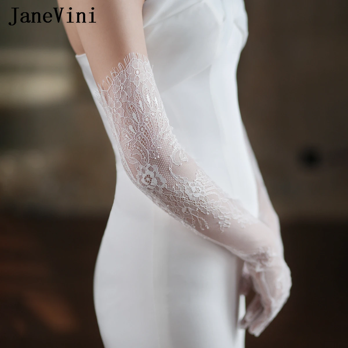 JaneVini Guantes Largos Elegantes 60cm Long Lace Gloves Bridal Wedding Gloves Full Finger White Bride Women Party Accessories