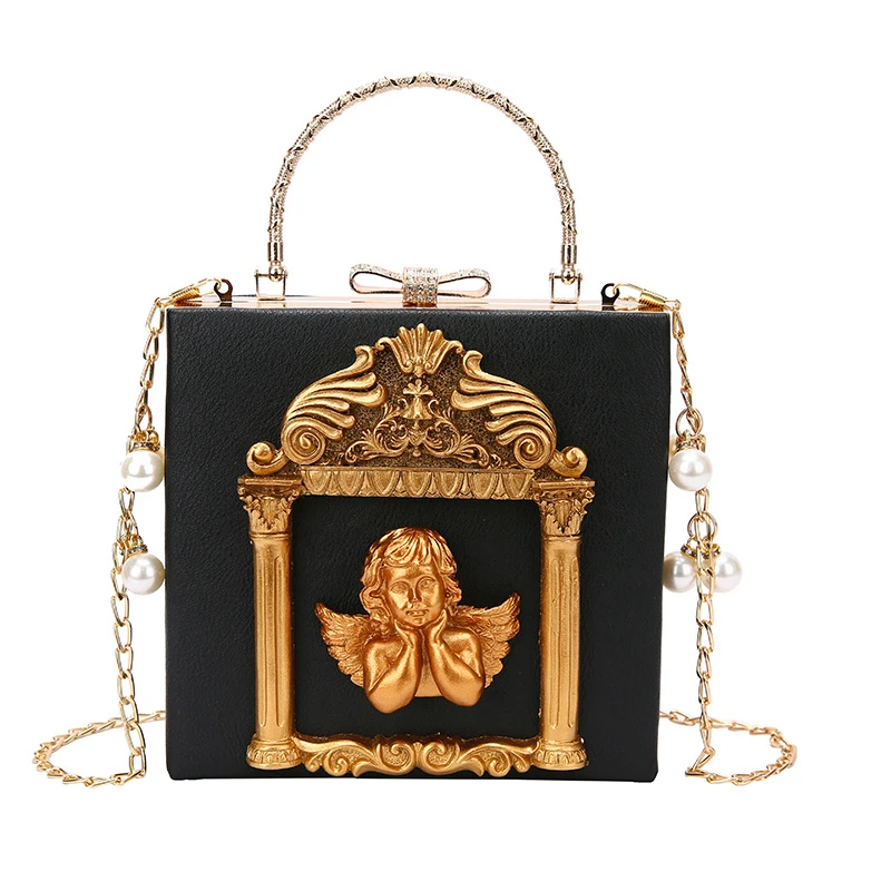 Retro Baroque Style Gothic Dark Y2k Handbag Fashion Pearl Gold Chain Shoulder Bag Angel Flower Pattern Women's Evevning Bag