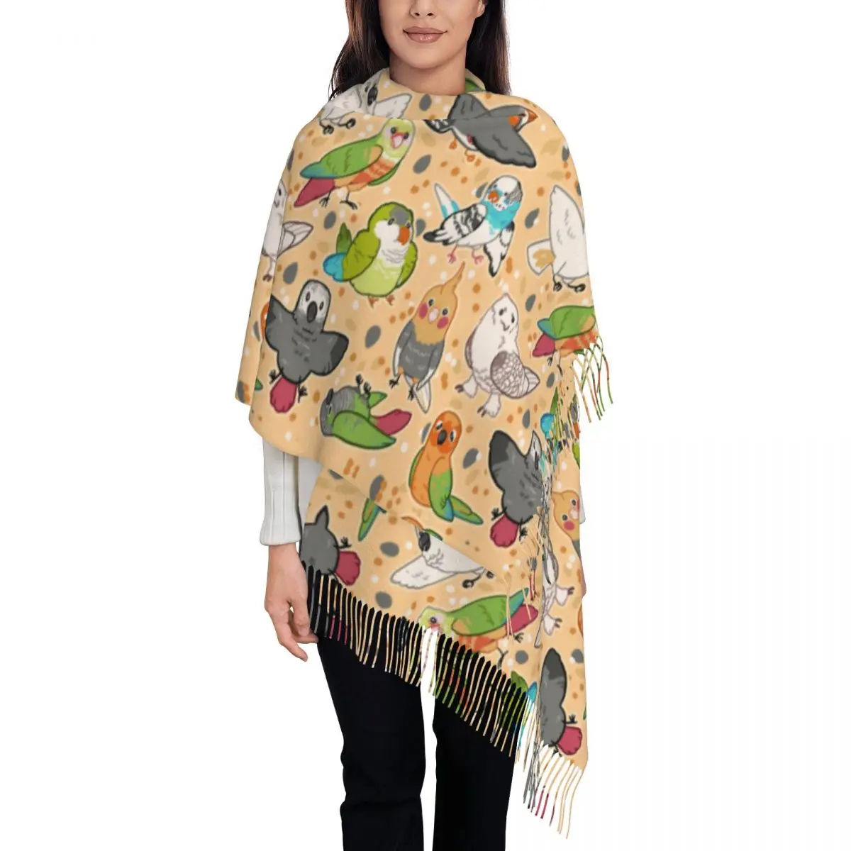 Custom Pet Birds Tassel Scarf Women Winter Fall Warm Shawls Wraps Female Cockatiel Budgie Parrot Scarves