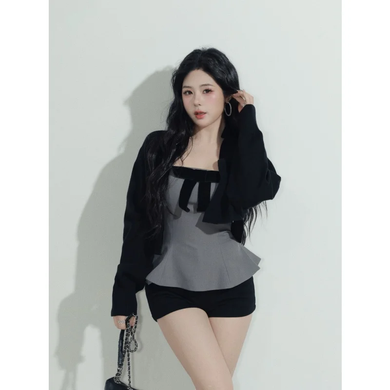 

Cute Face Hero Knot Splice Loose oulder Open Cardigan Women's Faion Set ort Length Long Sve Spring Season