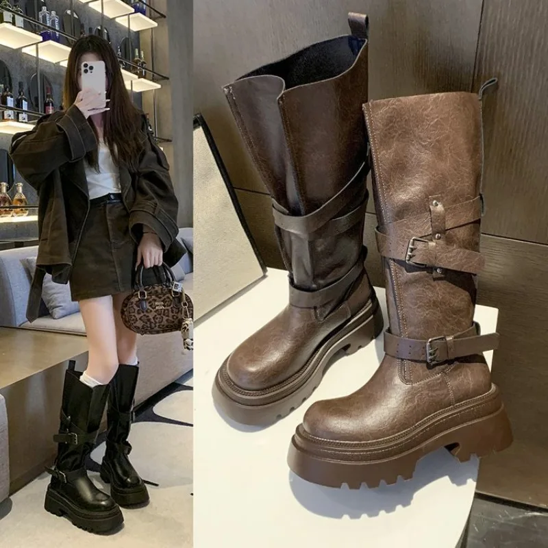 

Western Cowboy Boots for Women Autumn Pointed Toe Thick Heel High Knee Boots Woman Loose PU Leather Long Botas Mujer Plus Siz 40