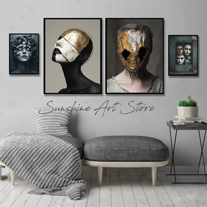 Tangled Masks Medusa Statue Creepy Masks Horror Creepy Poster Canvas Painting Wall Pictures Retro Horror Wall Decor Aesthetic