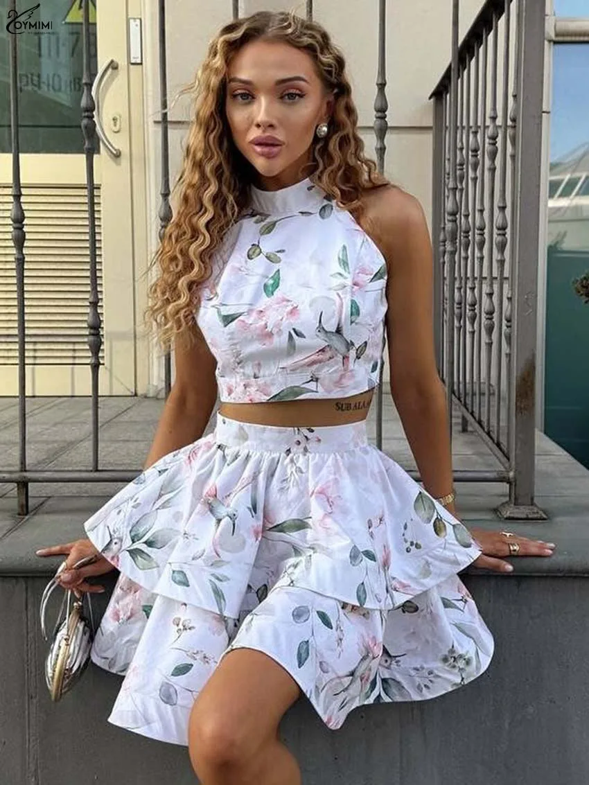 

Oymimi Elegant White Print Two Piece Set Woman Summer O-Neck Slim Sleeveless Crop Tops And High Waist Pleated Mini Skirts Sets