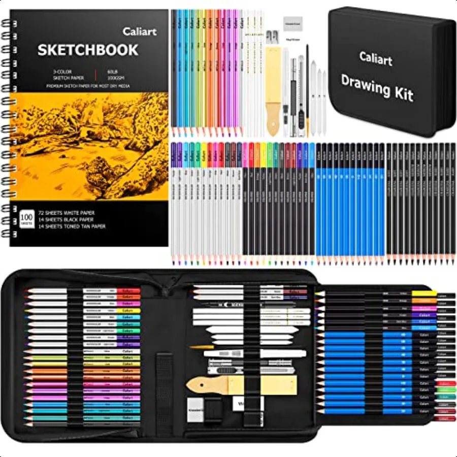 

Caliart 176PCS Art plies Sketching Kit with 100 Sheets 3Color Sketch Book Graphite Colored Charcoal Watercolor Metallic Pencils