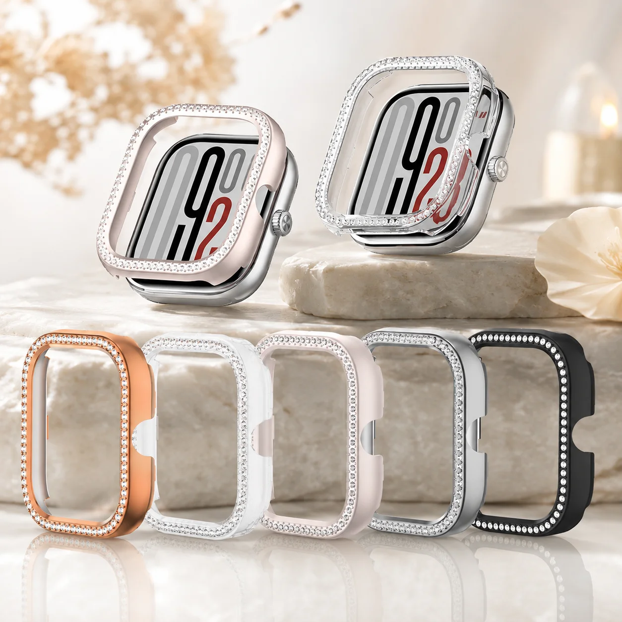 Glänzende Schutzhülle für die Redmi Watch-Serie, Modelle Watch4/5, Watch5 Active, Watch5 Lite, mit strassbesetztem, durchbrochenem Design.