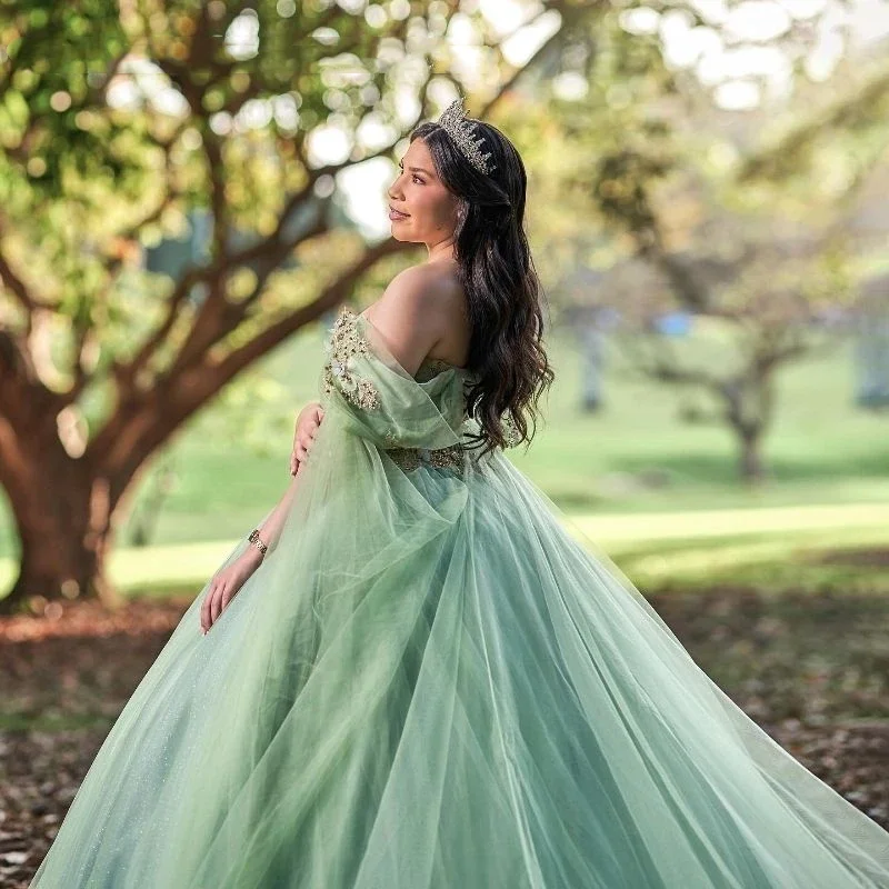 Angelsbridep Mint Green Ball Gown 15 Years Quinceanera Dress With Cape Vestidos De Fiesta Birthday Evening Party Dresses