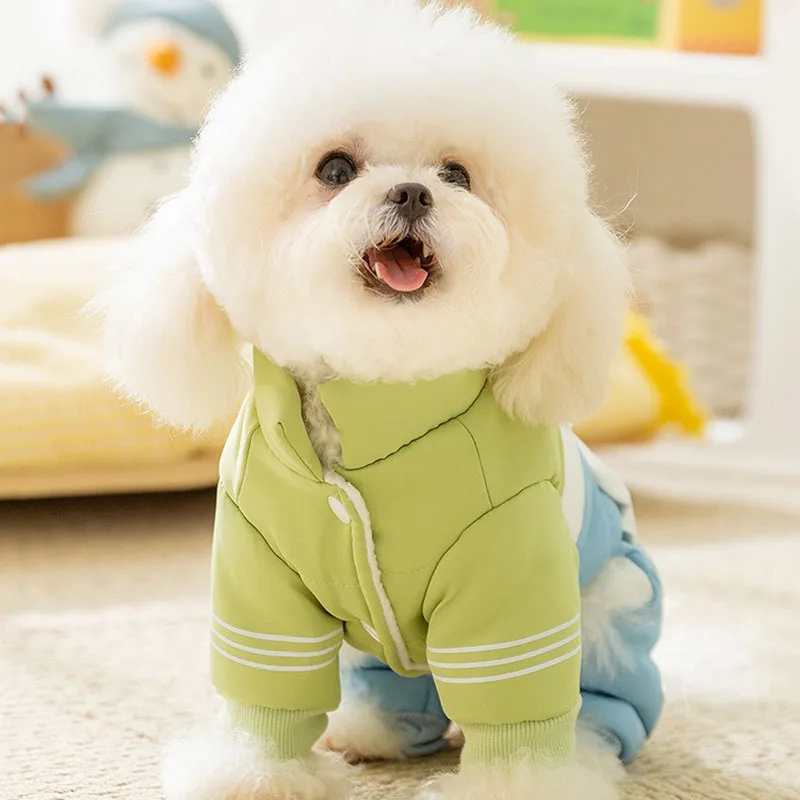 Pet Cartoon Down Jacket Puppy Jumpsuits Warm Dog Clothes Color Blocking Wind Out Traction Four Feet Cotton Coat