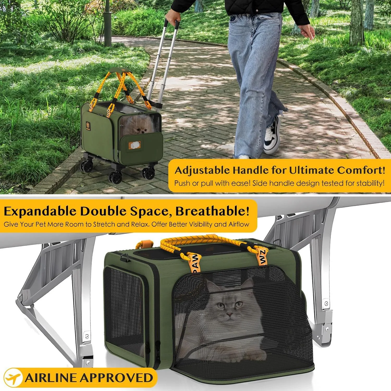 Expandable soft modern pet pouch with wheels that folds and converts into a small dog car seat