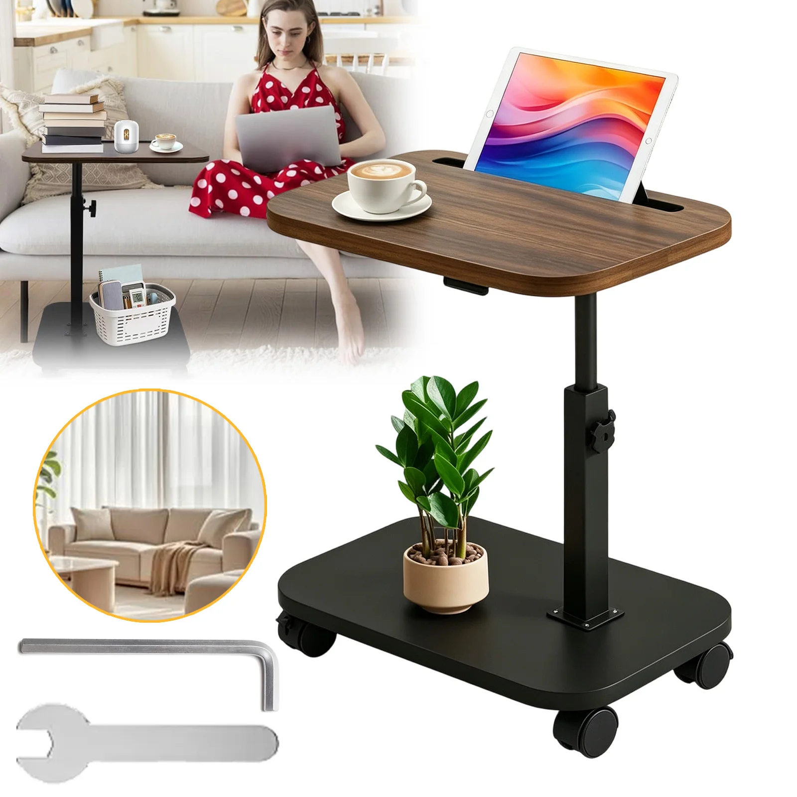 Table d'appoint multifonctionnelle réglable en hauteur, table de travail mobile et portable pour ordinateur portable, plateau compact pour collations, idéale pour canapé et chevet, mobilier léger et pratique pour chambre, salon et bureau