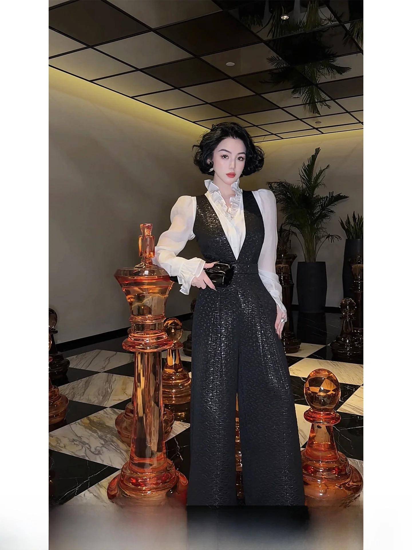 

LYXJ Sydney Night Gingham Print High Waist Slimming Spring 2026 Women's One-Piece Overalls Ele Wide Leg Pants