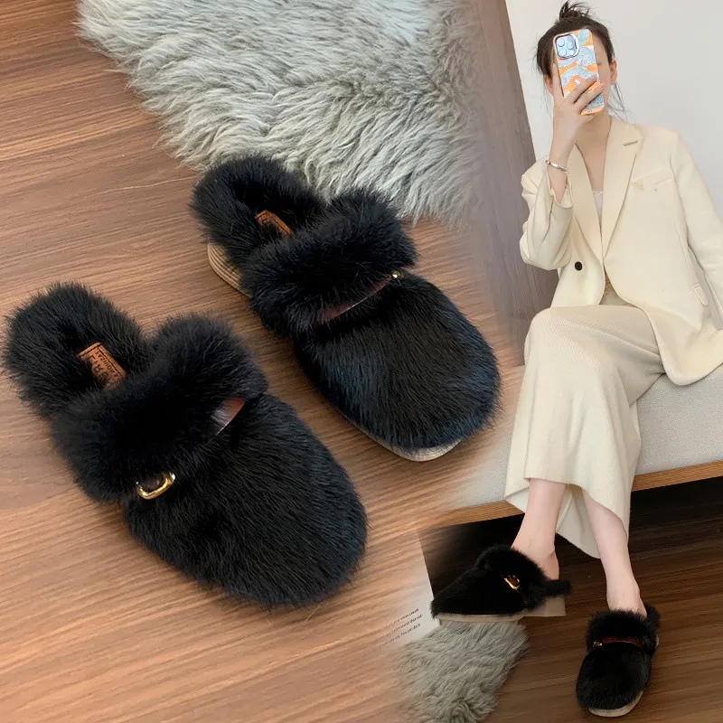 Fur Shoes Square heel Cover Toe Ladies' Slippers Luxury Slides Winter Footwear Slipers Women Plush Block Designer Soft 2024 Fash