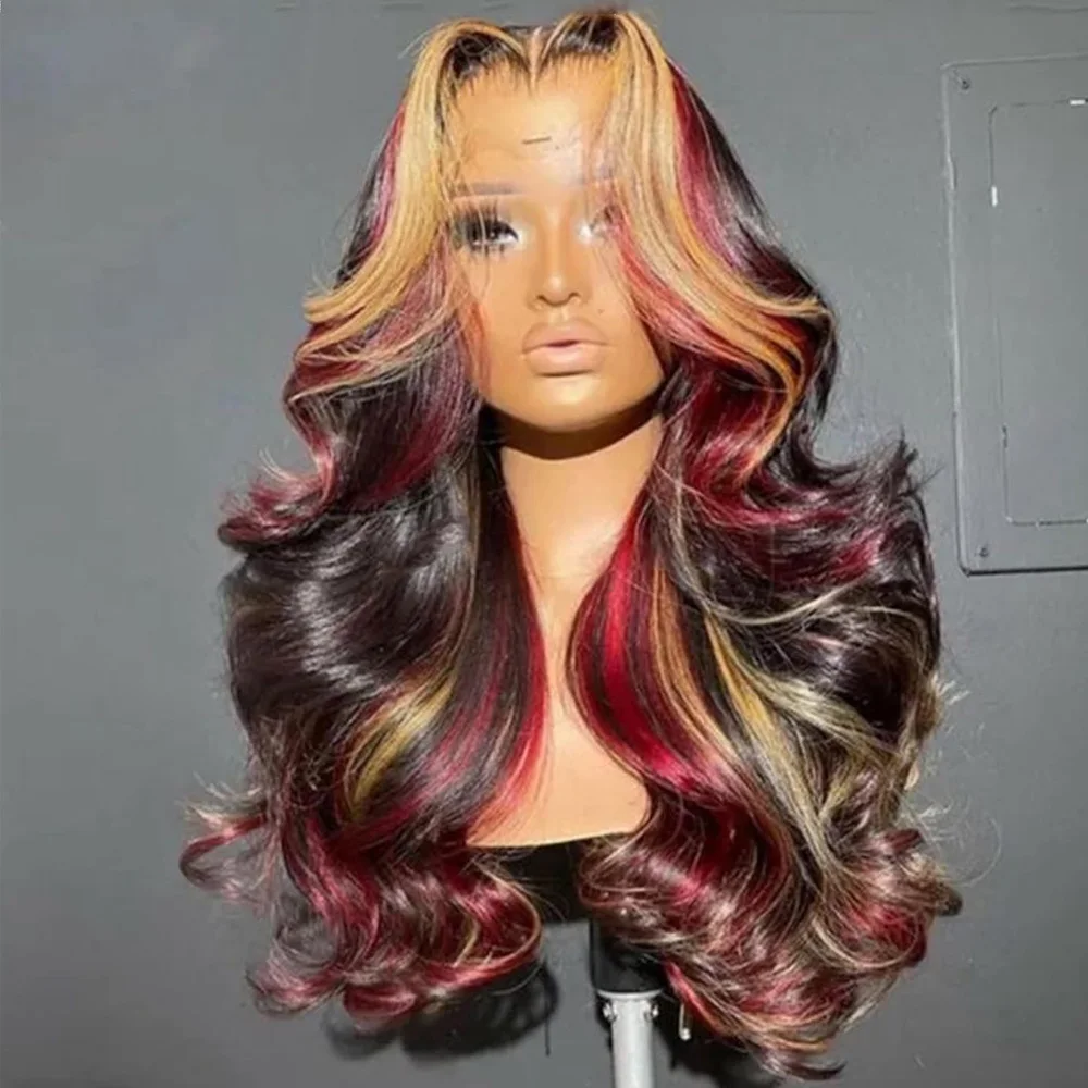 Evidenziare Nero Rosso Biondo Borgogna Parrucche anteriori in pizzo sintetico con onda del corpo 13X6 Parrucche frontali in pizzo HD Pre pizzicate con i capelli del bambino