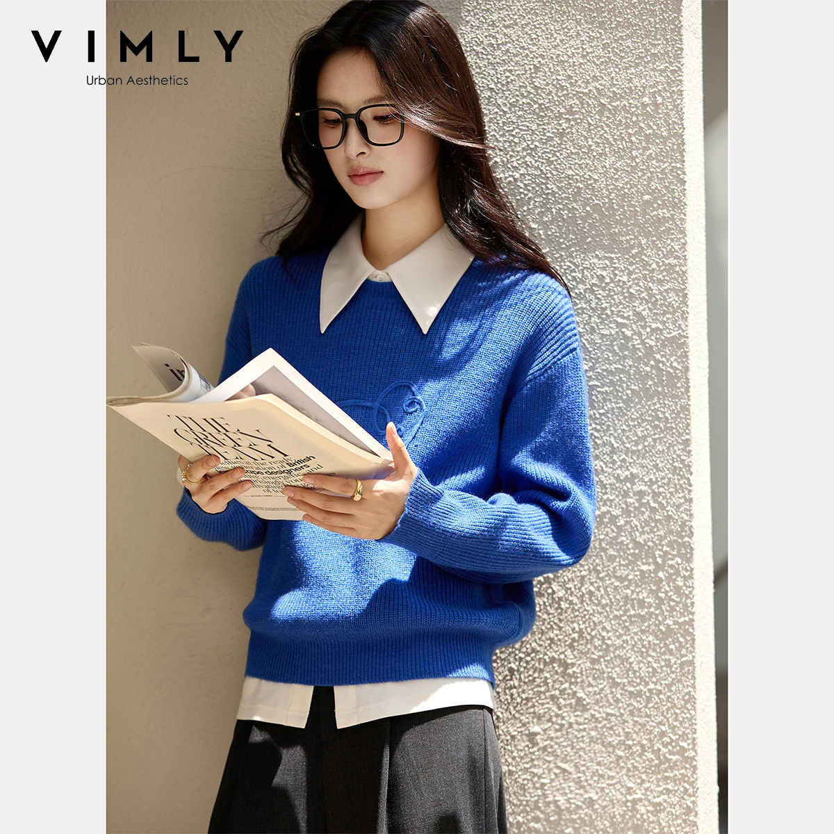 VIMLY Damski Niebieski Sweter Dzianinowy Elegancki Słoń 3D Okrągły Dekolt Pulowery Jesień 2025 Codzienne Swetry z Długim Rękawem Damskie Bluzy 75128