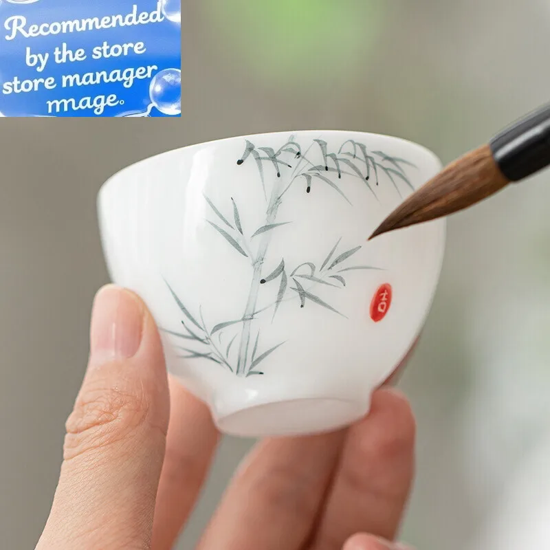 

70ml Handmade Iced Jade Porcelain Teacup Hand Painted Bamboo Tea Cup Small Tasting Master Cup Tea Mug Kung Fu Teaset Drinkware