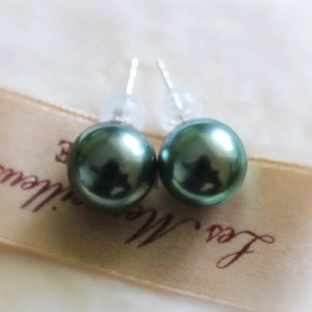 

Stunning AAA+11-10mm Natural Tahiti Black Green Round Pearl Earrings 18k/AU750