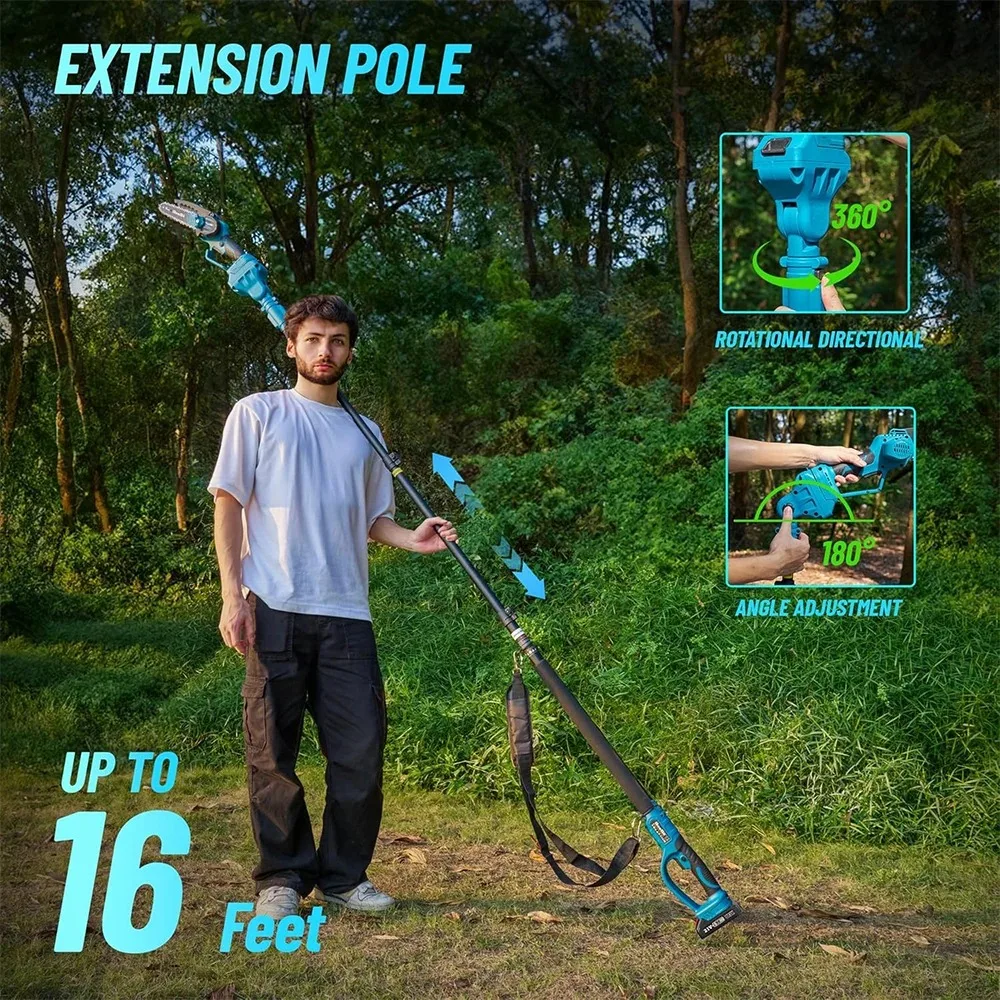 Seesii 2 IN 1 6 ''Gergaji Listrik Tanpa Sikat 2.4M Ekstensi Gergaji Tiang Cabang Tinggi Baterai 2*2A untuk Alat Pemotong Taman Makita