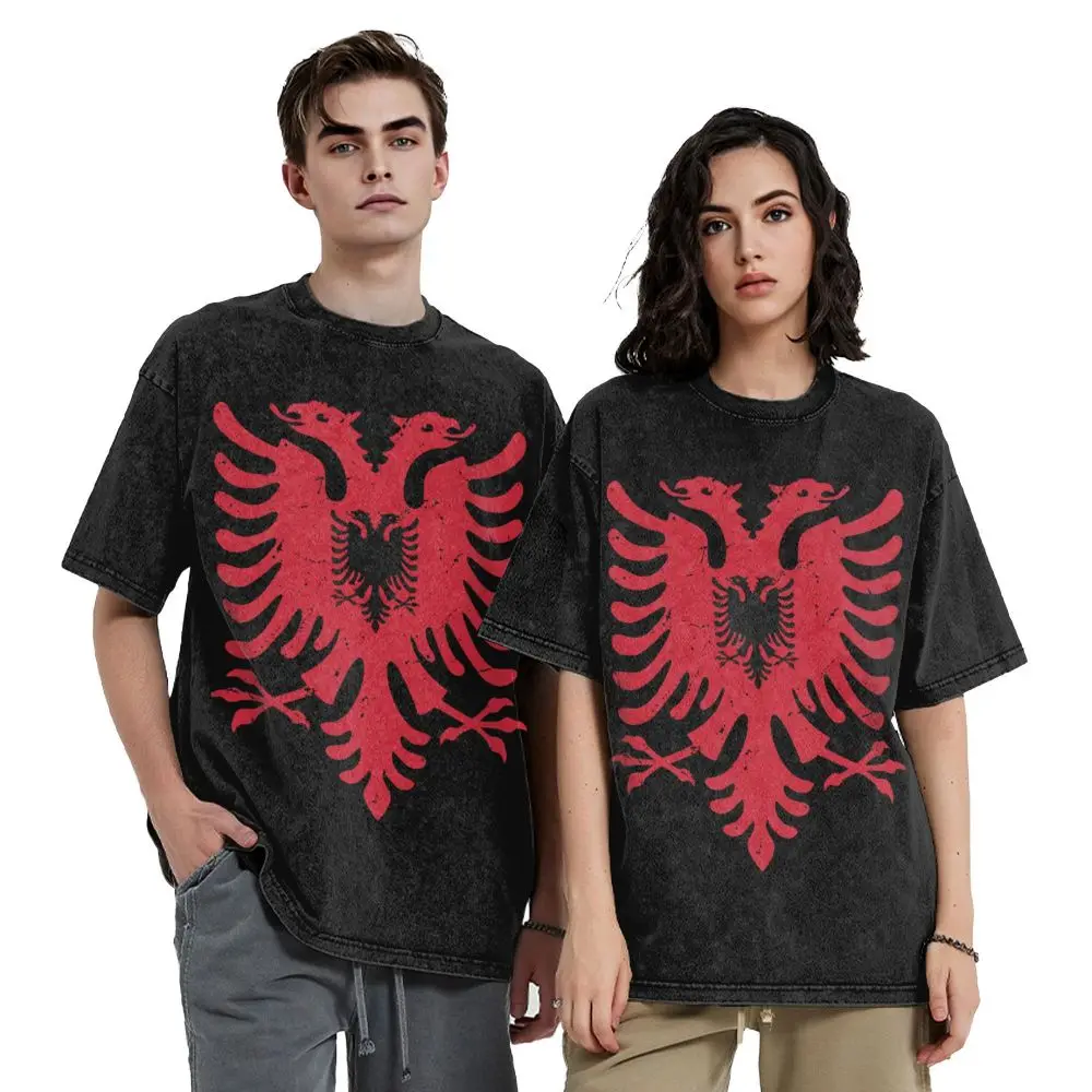 Albanische Flagge Albanien Gewaschen T Shirts Street Hip Hop Vintage T-Shirts T Shirt Männer Frauen 100% Baumwolle Harajuku Sommer – Detail 9