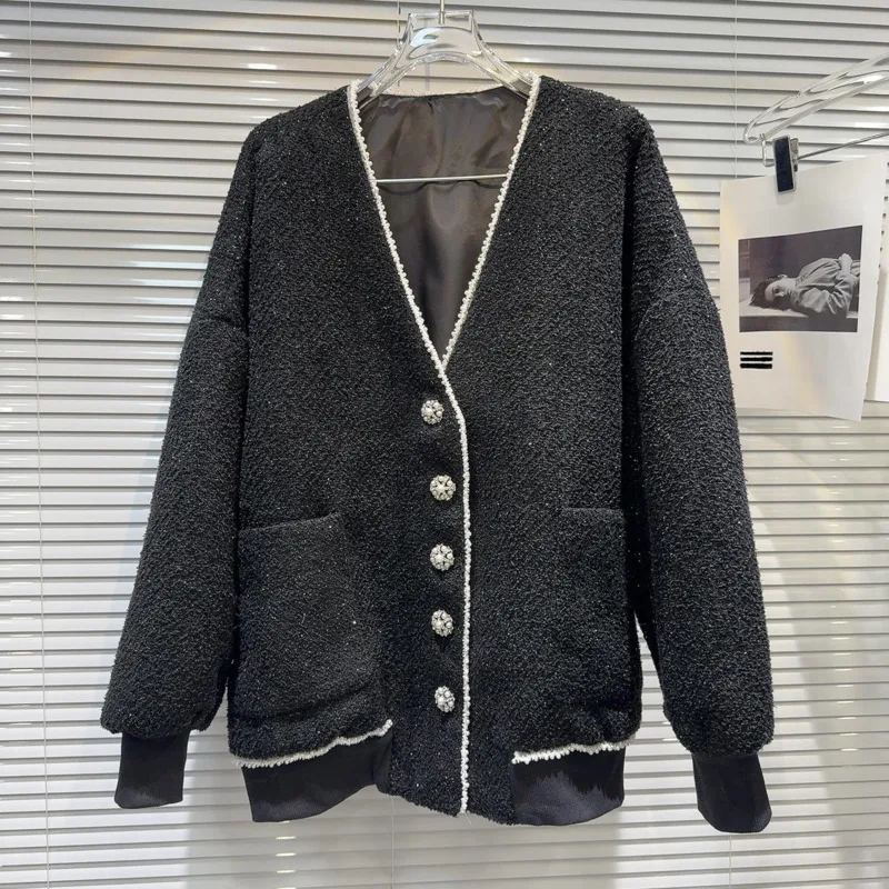 DEAT Elegante Perle Rand Glänzende Seide Woolen Kurze Jacke Trägerlos Für Frauen Kordelzug Mini Röcke 2024 Herbst Neue Artikel 33A2082