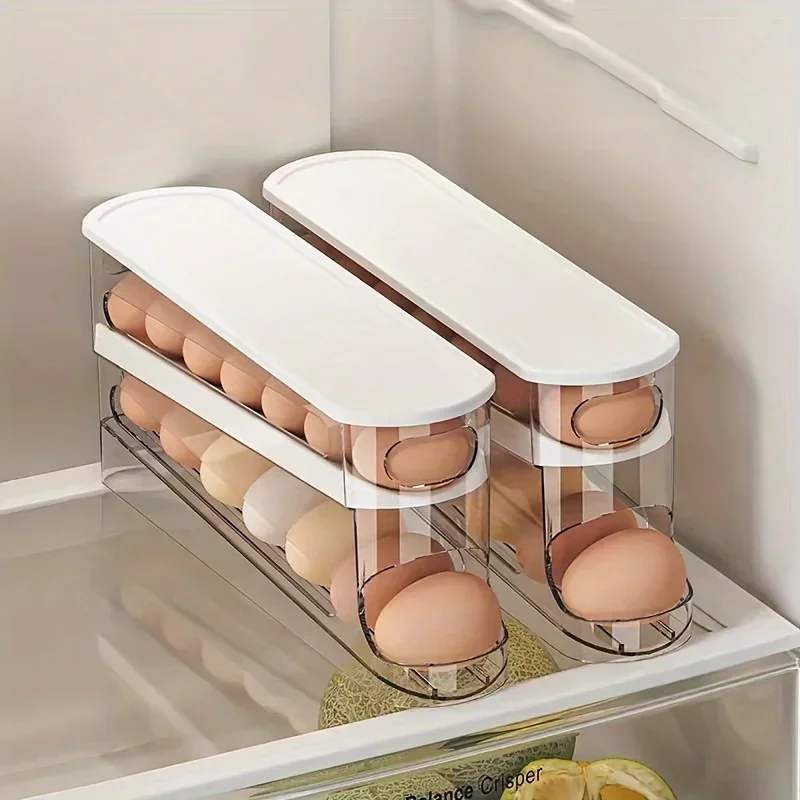 

Auto-Sliding Double-Layer Egg Holder – Stores 12-14 Eggs, Space-Saving Fridge Organizer with Flip Lid