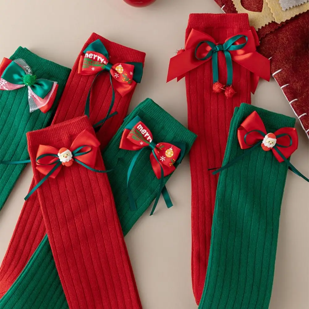 

Casual Middle Tube New Year Red Socks Cotton Green Bow Hosiery for Kids Sweet Thicken Christmas Socks For Girls
