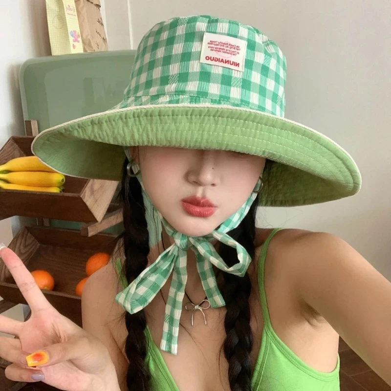 New Contrasting Color Plaid Bucket Hat Spring and Summer Fashion Big Brim Sun Protection Versatile Show Face Small Women\'s Cap