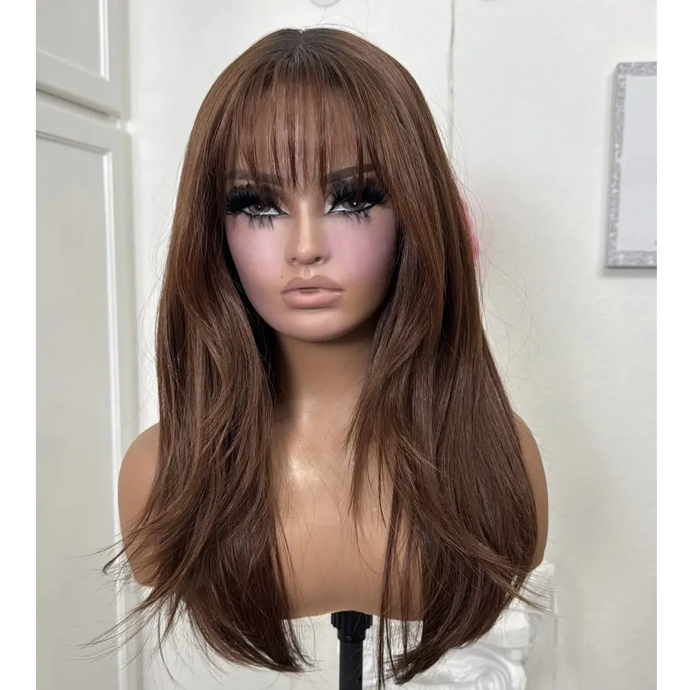 Chestunt Braune, transparente, vollständig aus Spitze gefertigte Echthaarperücken für Damen mit Pony, ohne Klebstoff, mit seidig glattem, langem, peruanischem Remy-Haar. – Detail 2