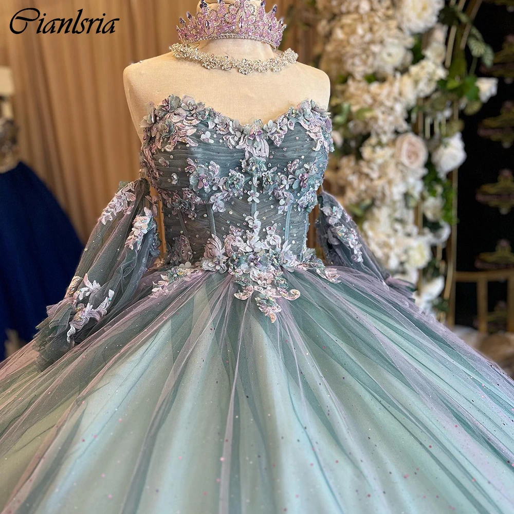 Hunter-vestido De baile De quinceañera con apliques De cuentas, verde, manga desmontable, corsé De flores 3D, 15 Años