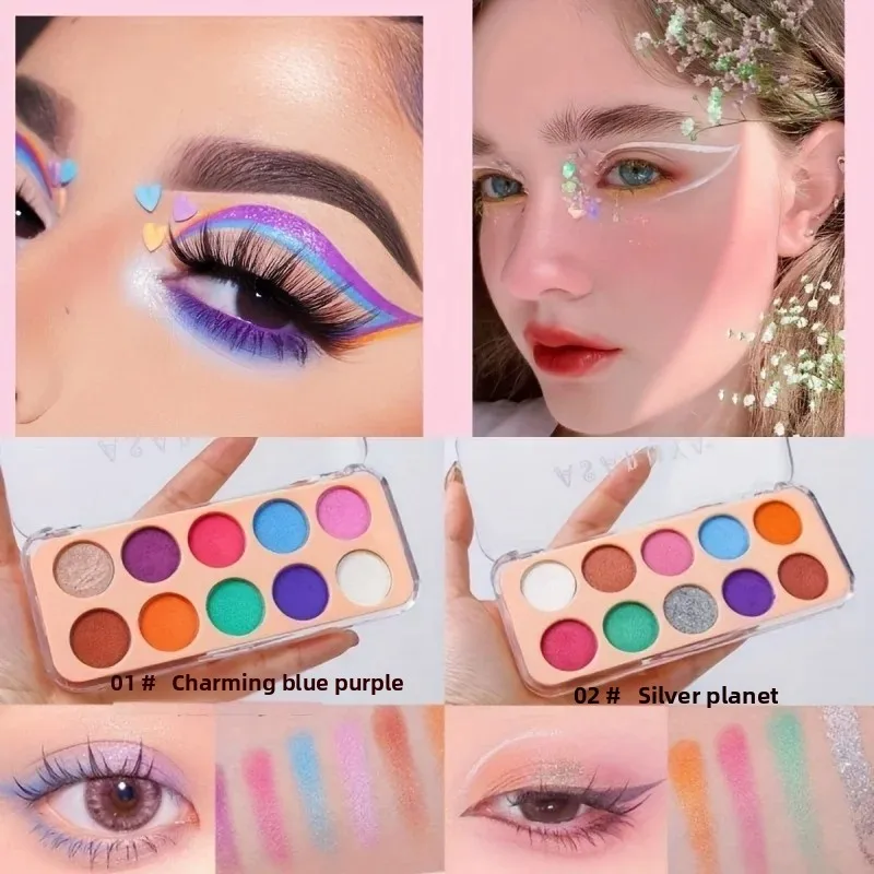 

10-Color Glitter Eyeshadow Palette Shimmer Metallic Sparkly Pigmented Long Lasting Stage Performance Makeup Set