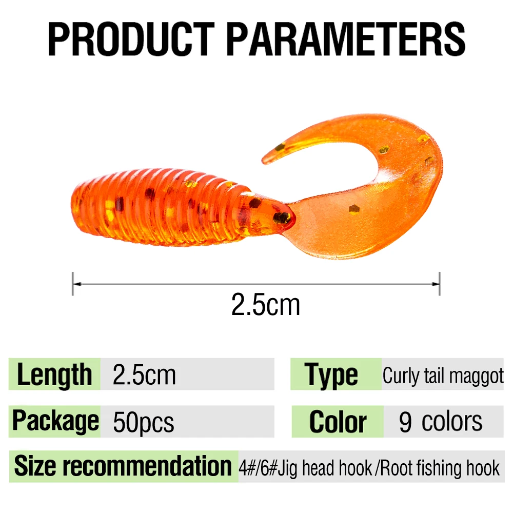 50 Stück Grub Curly-Tail Köder 2,5cm 8 Farben Wurm-Swimbait Schwimmende Wobbler Silikon Kunstköder Topwater – Detail 5