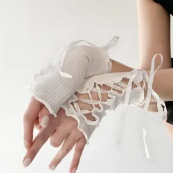 Guantes con correas para mujer y niña, manoplas de estilo Harajuku, Sexy, con manga de brazo, Jk, sin dedos, Cosplay, ropa de calle, mangas blancas y negras, Y2K