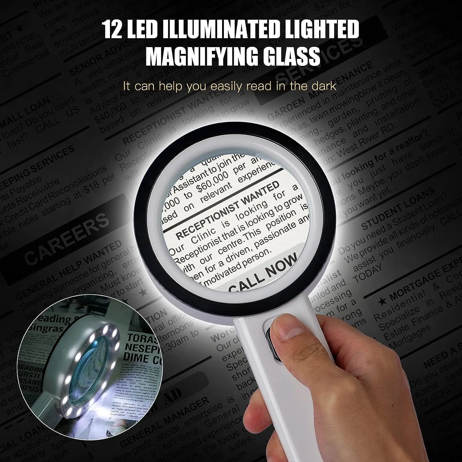 Handheld 30x Magnifying Glass 12 LED Lights Jewelry Illuminated Double Glass Lens Magnifier For Seniors Reading Watch Repair