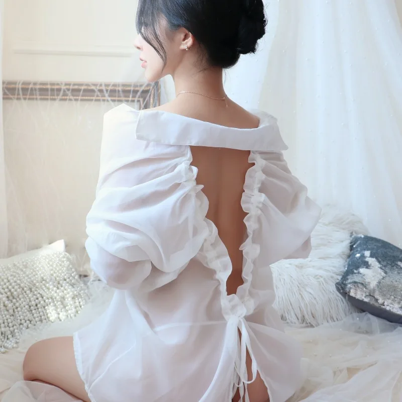 

Cosplay Sexy Boyfriend Style Shirt Pure Desire Women's Leaky Back Erotic Costume Dress Deep V Shape Open Plus Size Lingerie Set