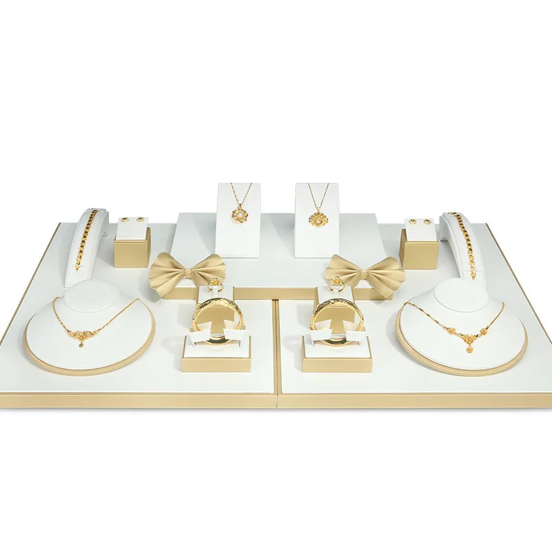

Gold And White Leather Jewelry Set Display Stand Necklace Ring Holder Accessory Tray for Counter Window Jewelry Organizer