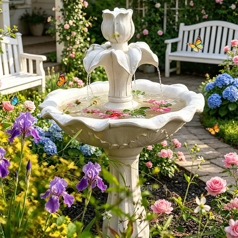 European retro white fountain flowing water ornament LED luminous courtyard garden decoration water feature sculpture balcony ar