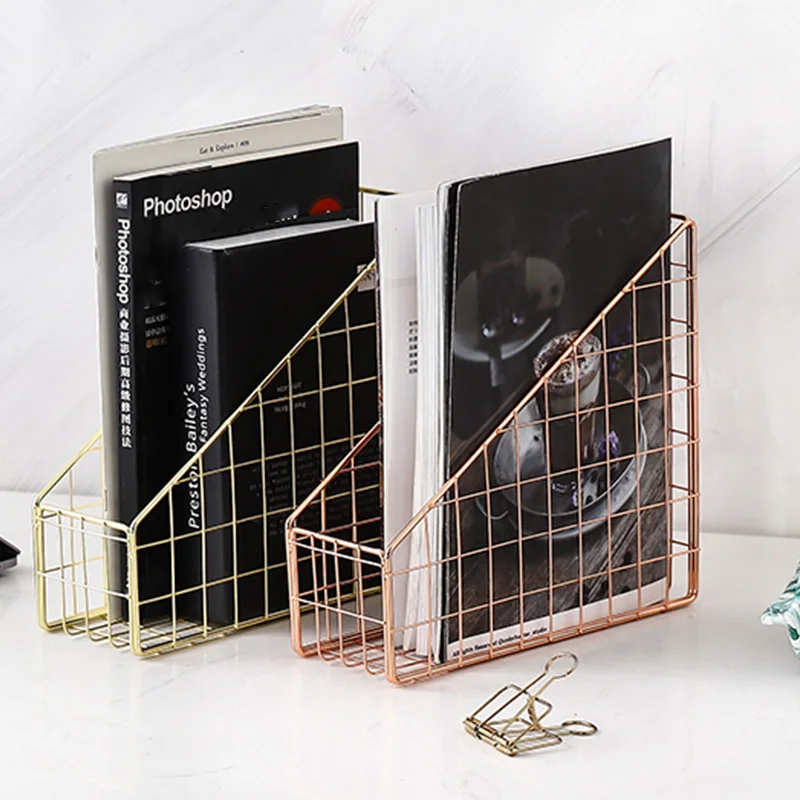 AY14 -Electroplated Iron Book Holder Desktop Shelf File Magazine Book Stand Office Home Stationery Organizer Holder