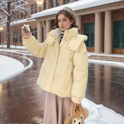 2024 Winter Women's Down Cotton Jacket Contrast Hooded Thicken Warm Parka Coats Top Female Single Breasted Short Bread Jacket