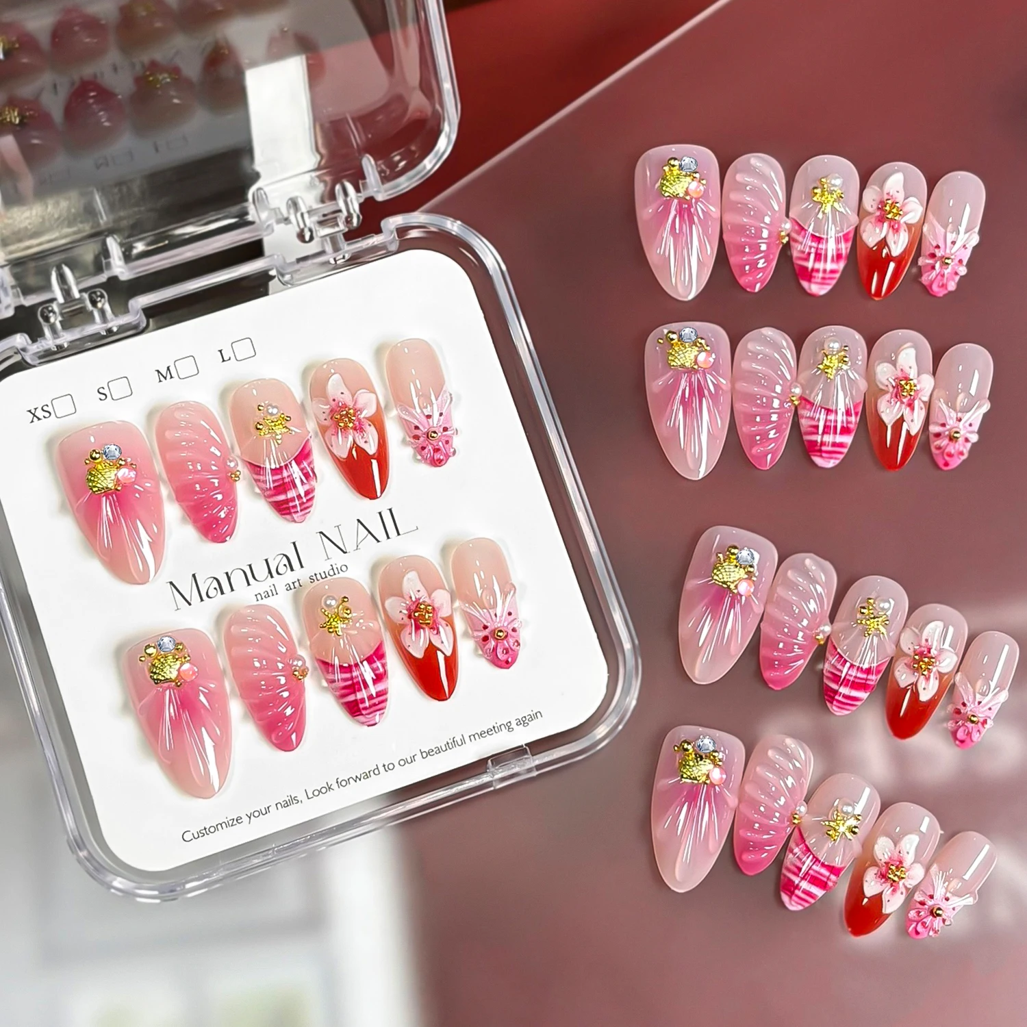 1箱 ピンクオンブレ 3Dフローラルジェルプレスオンネイル - Nail Art Ombre Pink のレビューと価格