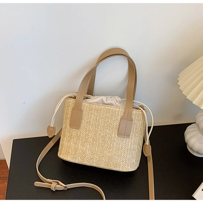 Fashion Natural Straw Woven Tote Bag with Drawstring Detachable Strap, Beige Crossbody Bag Purse for Casual Summer Use Handbag - view 4