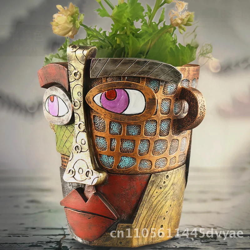 

Retro Resin Flower Pot Decorative Antique Style Abstract Colorful Succulent Planter Handmade Home Garden Ornament