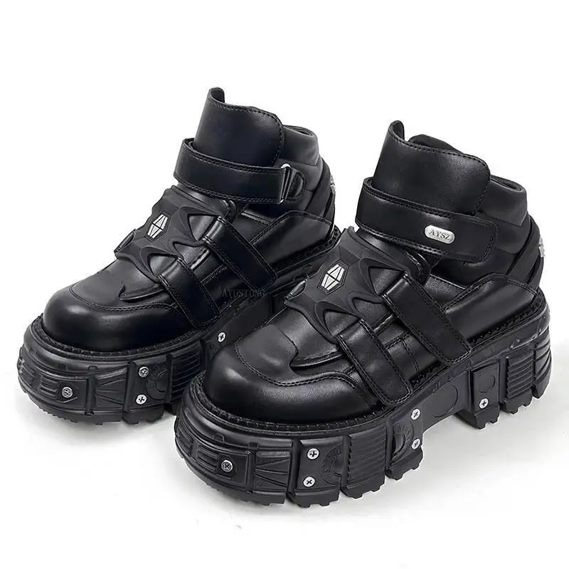 Новая женская обувь в стиле панк, туфли на платформе со шнуровкой, высота каблука 6 см, женские кроссовки с металлическим декором, готические ботильоны в стиле рок