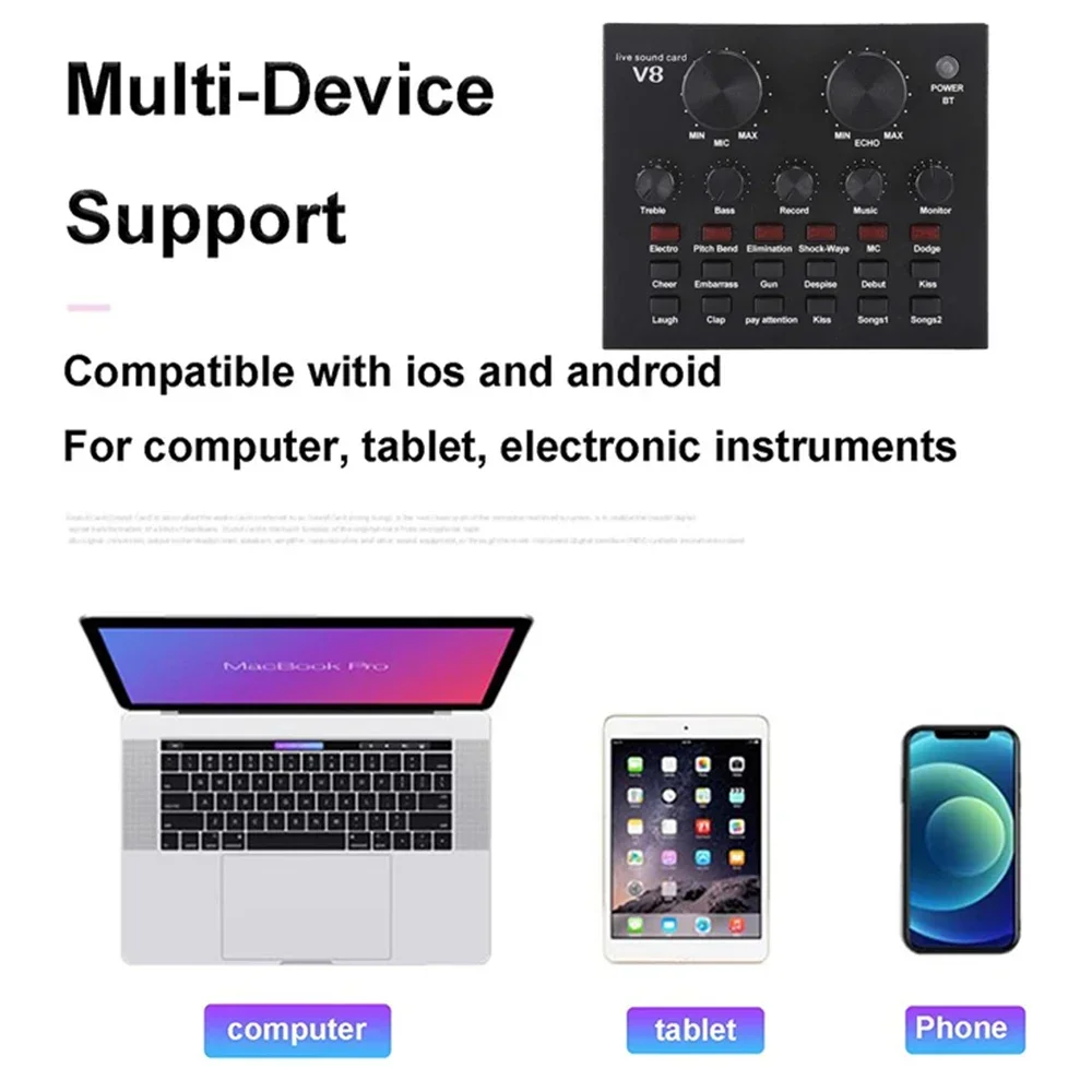 V8 Sound Card Audio Set Interface External Usb Live Microphone Sound Card Bluetooth Function For Computer Pc Mobile Phone Singin