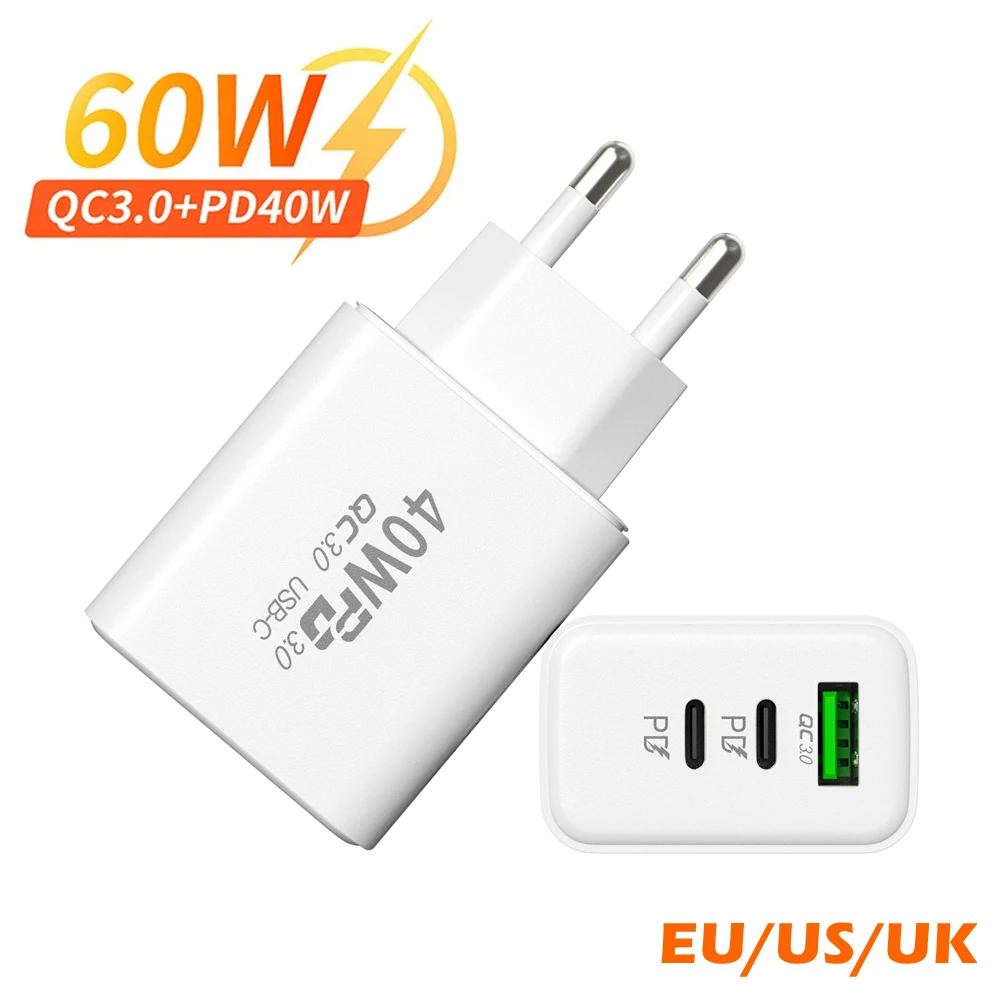 60W USB Type C Charger 3 Ports PD QC3.0 Fast Charging Wall Charger Adapter For iPhone Xiaomi Samsung EU/US/UK Plug Phone Charger
