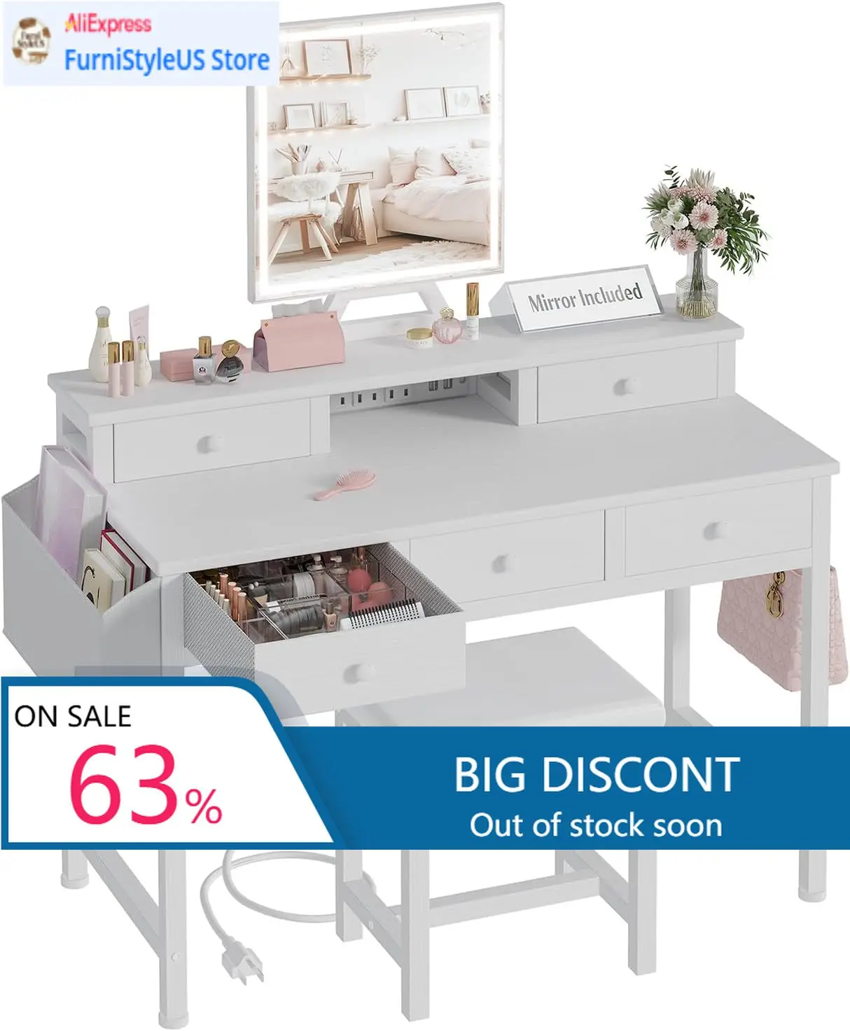 

Белый туалетный столик с зеркалом и подсветкой, 40 дюймов, набор для макияжа для девочек со стулом, туалетный столик с ящиками и подставкой для косметики.