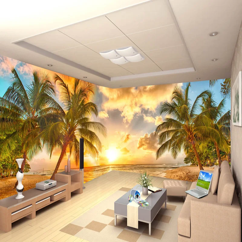 

Customized products 3D Nature Mural Wallpaper Nature Scenery Sunset Sea Coconut Beach HD Living room sofa TV background wall 8d