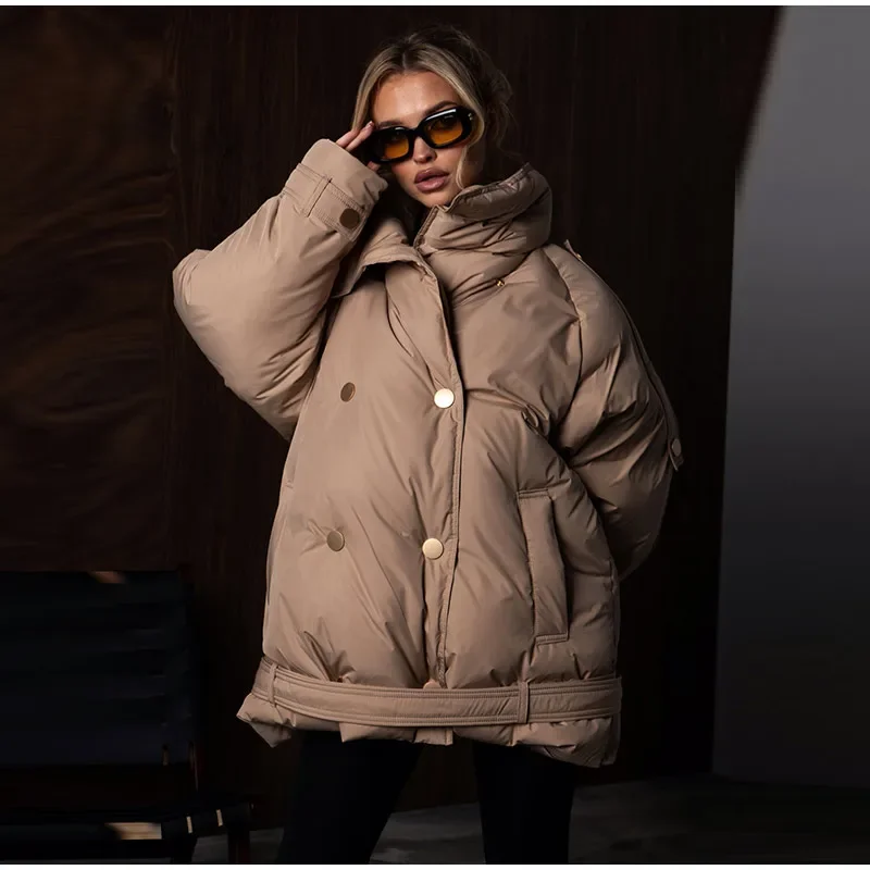 Übergroße Mäntel für Damen, mit Revers, Schulterklappen, doppelreihig, mit Schnürung am Saum, wattierte Jacken, Winter, langärmelig, einfarbig, neue Oberbekleidung. – Detail 3