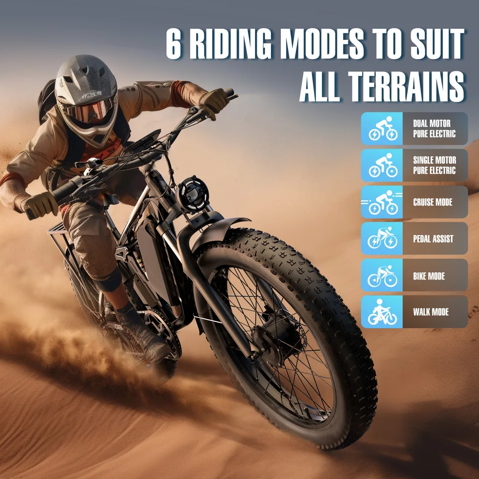 FENGQS Q8PLUS 6000W 5000W Dual Motor Mountain Electric Vehicle 60V1200WH Large Battery, 100 Kilometer Range, Hydraulic Disc Brake with Turn Signal, Electric Bicycles, Commuting, Boys, Fat Tires, Detachable Batteries. Full Shockingproof Frame image 6