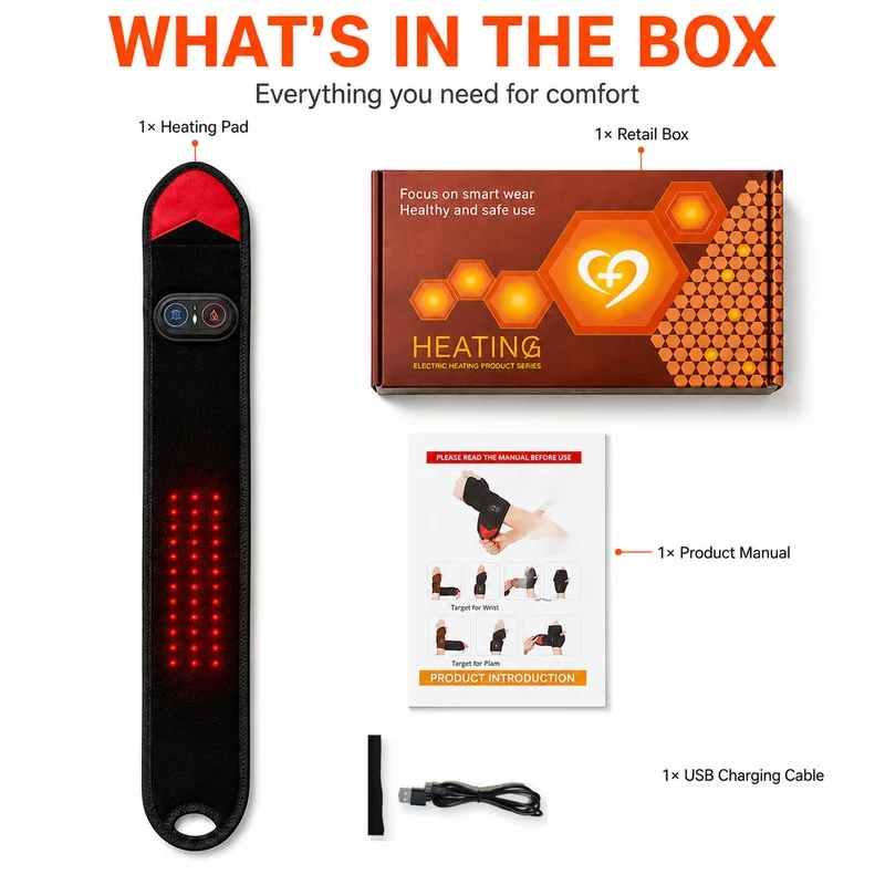 Rechargeable Wrist Heating Pad Red Light Massage Device Hand Warmer 3 Heat Levels 3 Vibration Modes Adjustable Wrist Wrap