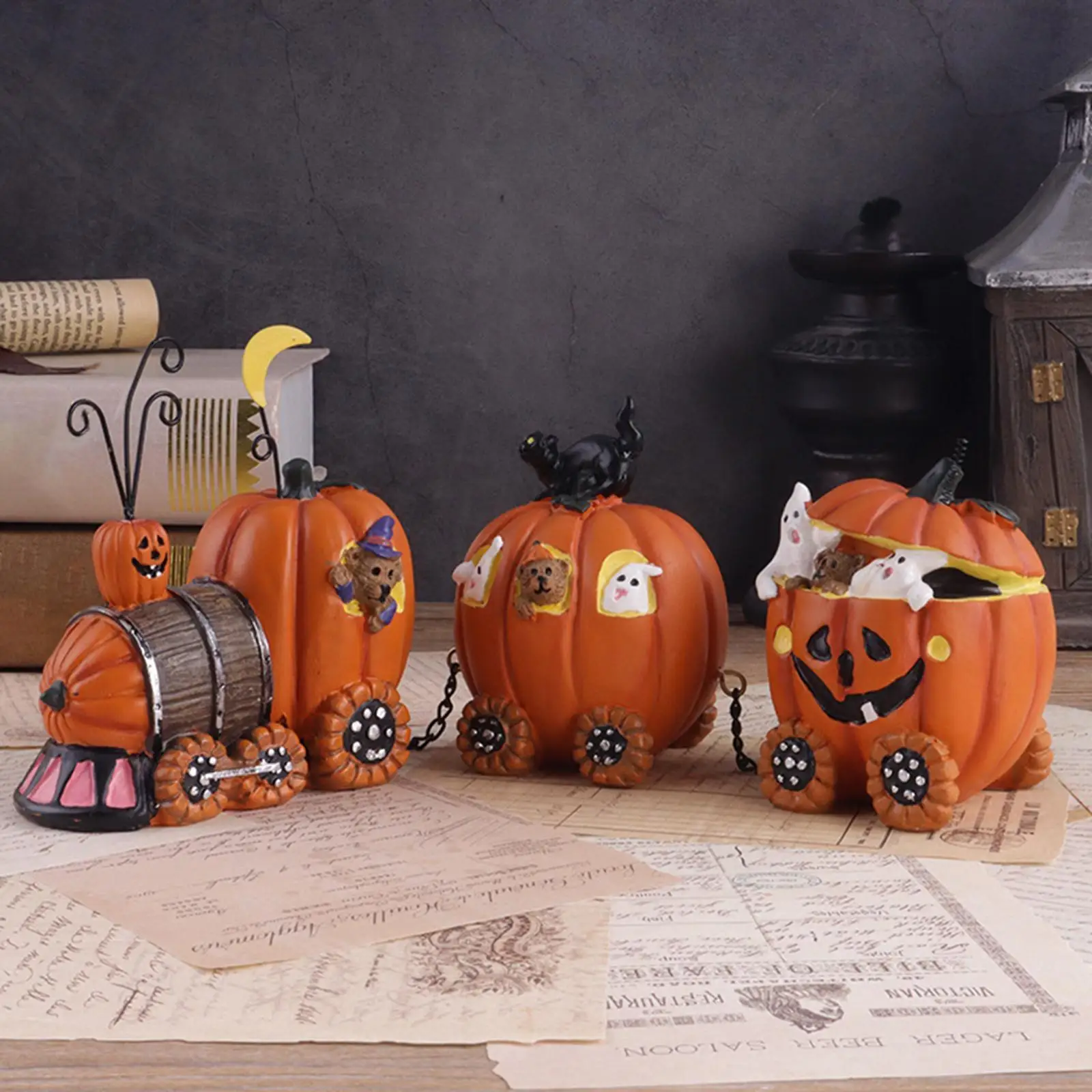 Halloween Pumpkin Statues Decor Cute Lightweight Pumpkin Car Figurines Sculptures for Office Haunted House Tabletop Fall Adults