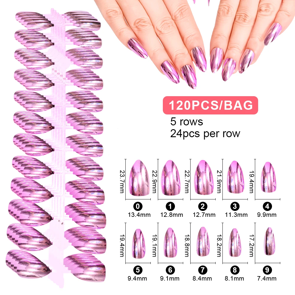 120Pcs Ballerina Coffin Nails Mirror Chrome False Nail Solid Reflection Magic Mirror Effect Green Purple Acrylic Fake Nails Tips