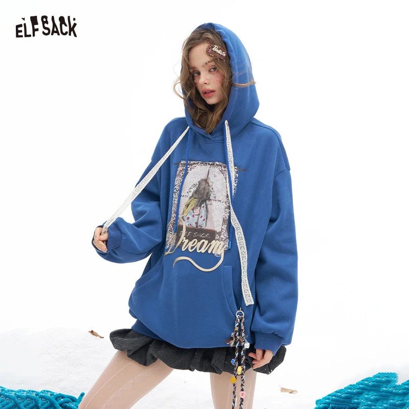 

ELFSACK 2025, новые зимние поступления Y2K, повседневная свободная однотонная толстовка с капюшоном и рисунком животных, кружевная куртка с завязками F